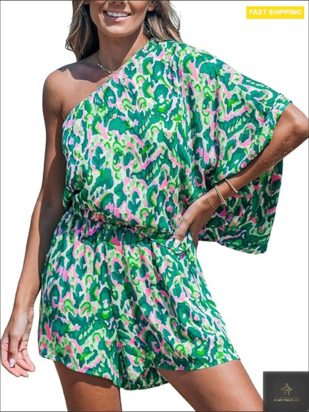 One Shoulder Romper 3/4 Sleeve Wide Leg Mini Jumpsuit Draped Bodice Casual